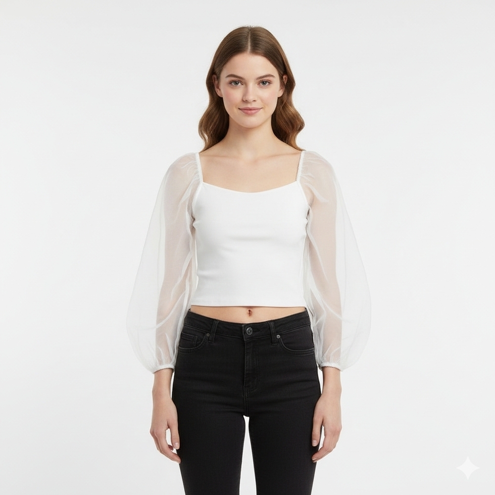 Express White Mesh Puff Sleeve V-Neck Crop Top NWT Size XS